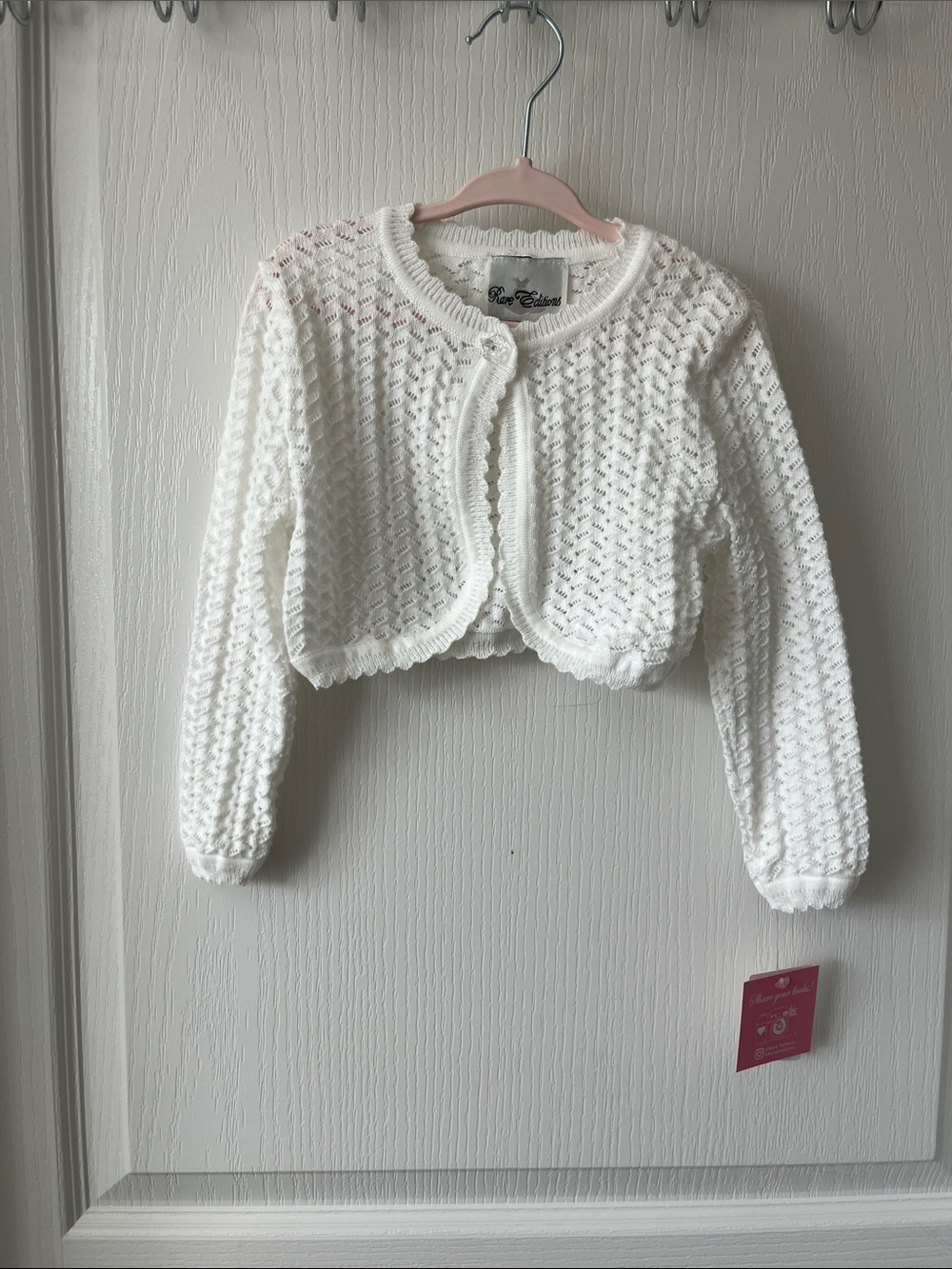 NWT Rare Editions White Cropped Openwork Knit Cardigan